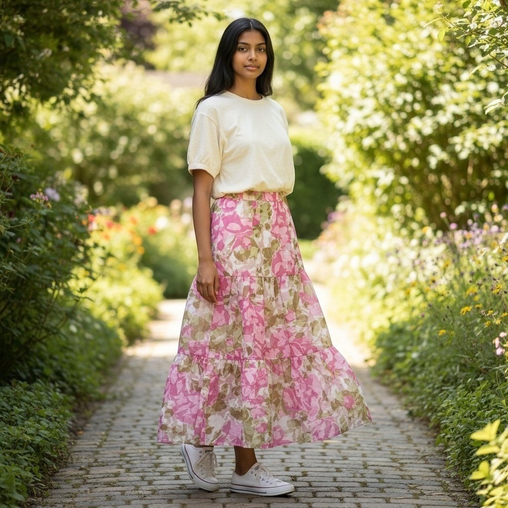 Joh Apparel 36253W Jorah Floral Tiered Midi Chiffon Cottagecore Pink Skirt NWT-S